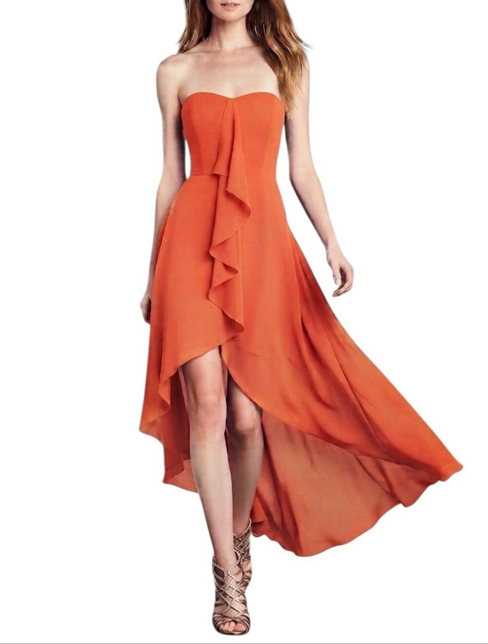BcbgMaxAzria Runway Serafina Orange Strapless High-Low Ruffle Dress Womens 4